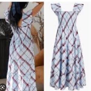 Hill House Light Blue Plaid Midi Dress with Red and Navy Accents